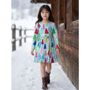 NWT Child Girls Blue Ballerina Dress Christmas Tree Print Holiday Dress - Size 5